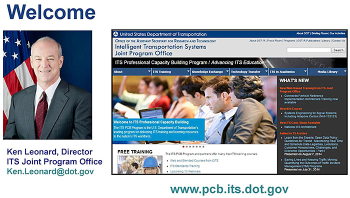 Welcome slide with Ken Leonard and screen capture of home webpage. Please see the Extended Text Description below.