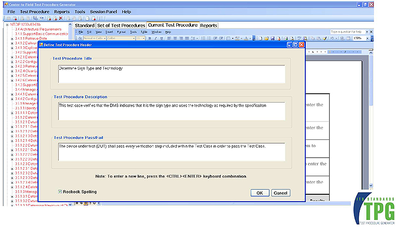 This slide includes an image of TPG software create a new test procedure interface. Please see the Extended Text Description below.