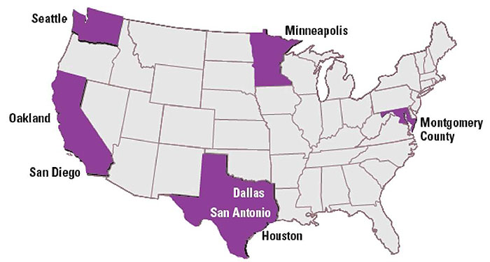 Figure 1. USDOT ICM Pioneer Sites. Please see the Extended Text Description below.