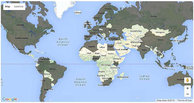 Map of GTFS Coverage. Please see the Extended Text Description below.