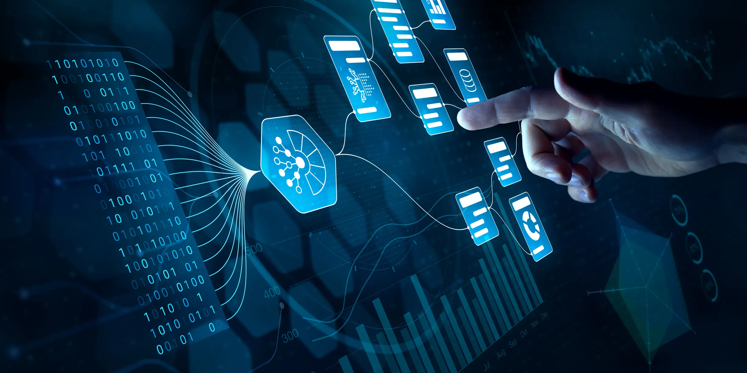 Hand reaching toward a digital network diagram with binary code, interconnected nodes, and data visualization icons on a dark blue tech background.