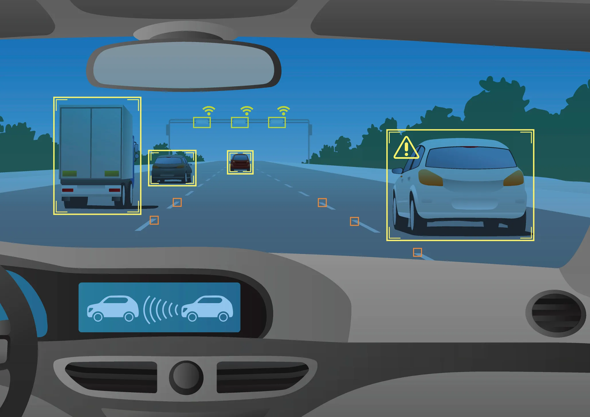 A dashboard view from inside a vehicle showing multiple vehicles and infrastructure detected with yellow bounding boxes, wireless signals, and a warning icon.
