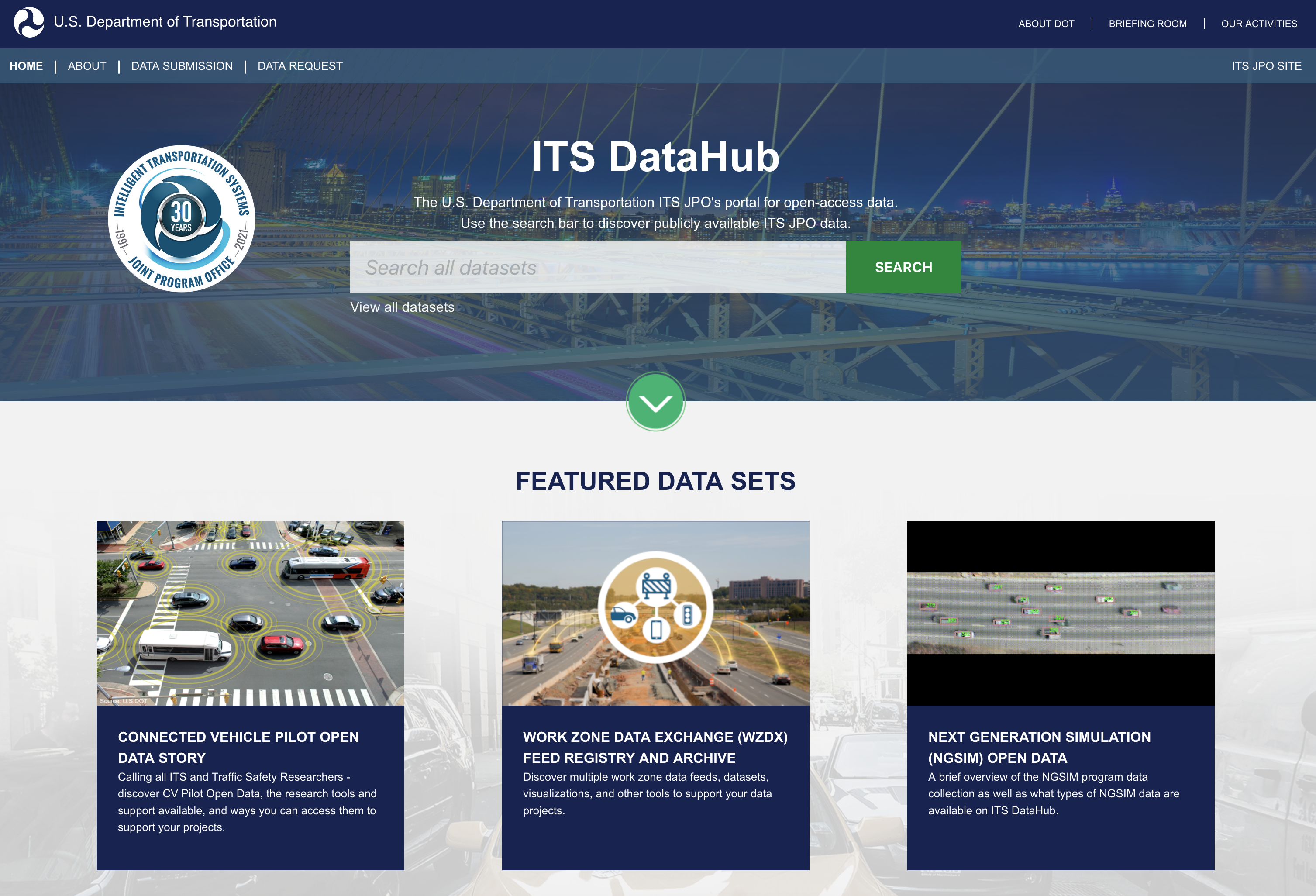 Screenshot of ITS DataHub homepage