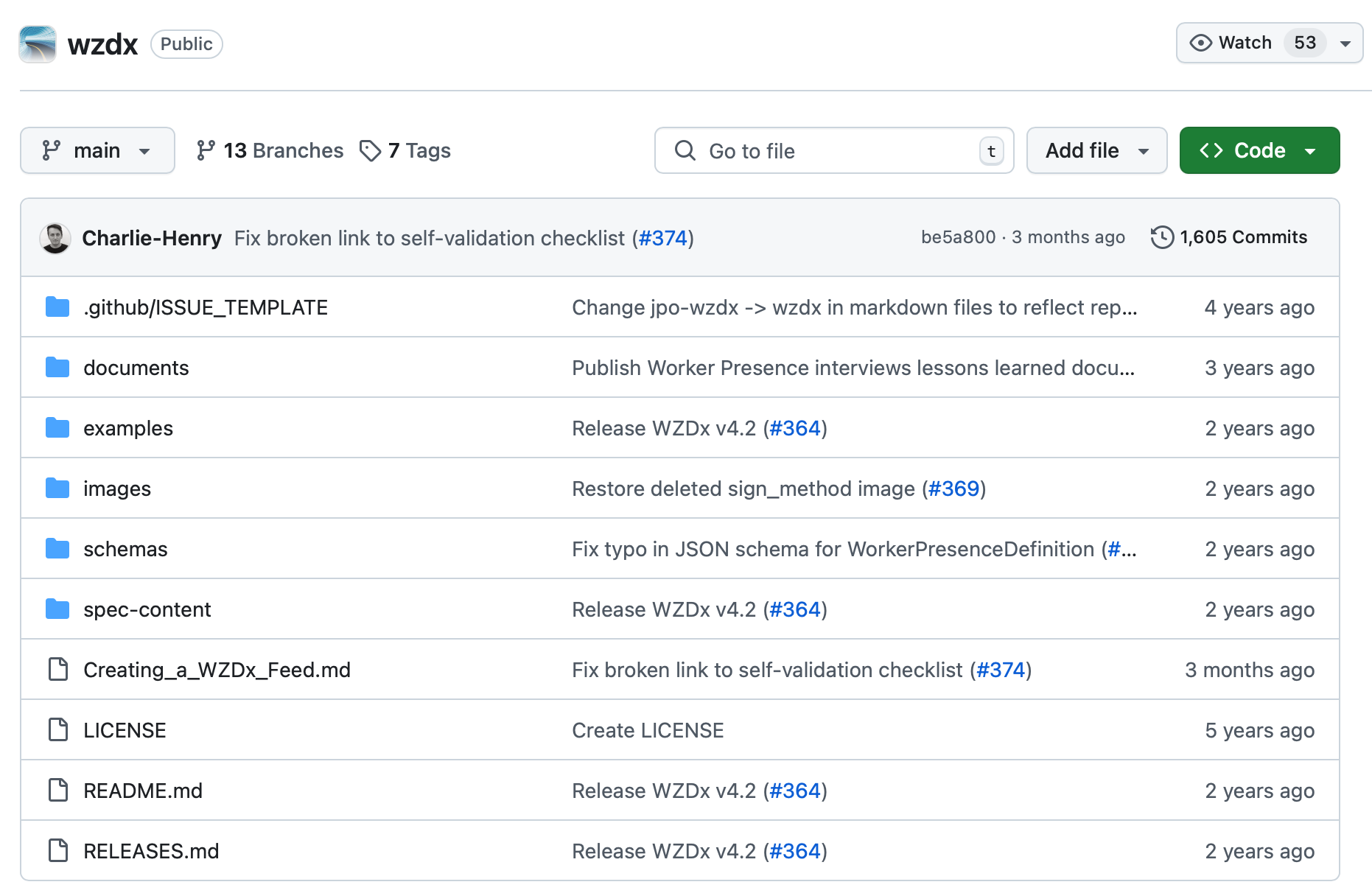 Screenshot of Github page for WZDX repository