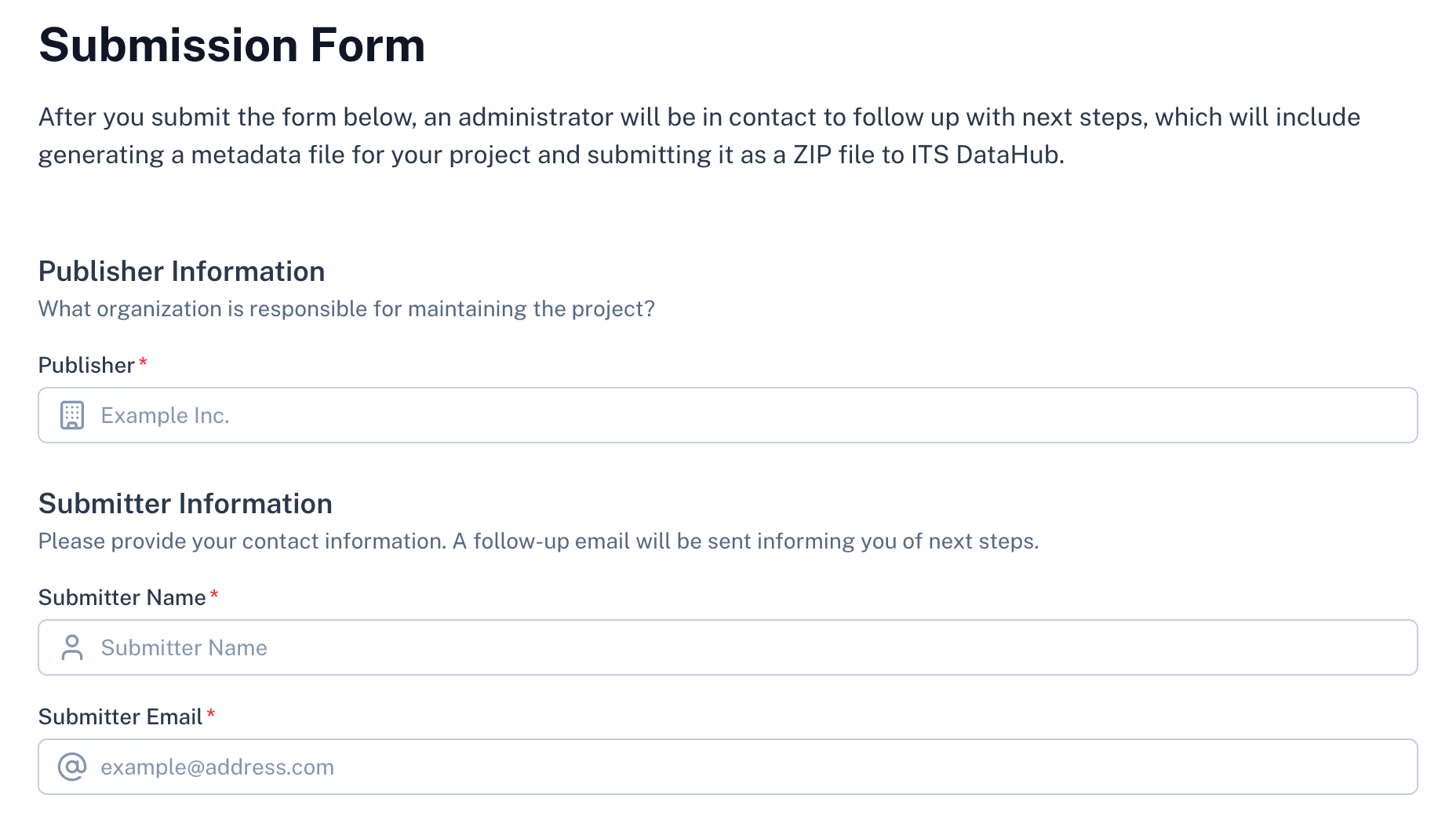 Screenshot of data submission form