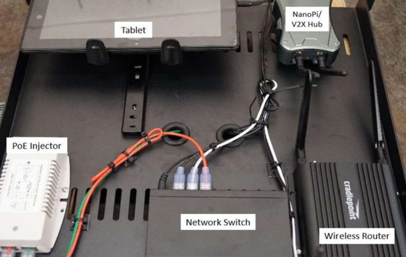 This photo shows the shelf of Connected and Automated Vehicle education (CAVe)-in-a-box. The tablet, NanoPi/Vehicle-to-Everything (V2X) Hub computer, Power over Ethernet (PoE) Injector, network switch, and wireless router are labeled at their respective locations.