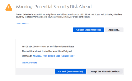 This screenshot shows a potential security risk warning. A user has the option to go back or accept the risk and continue ahead.