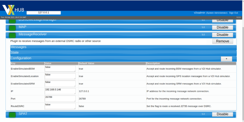 This screenshot of the configuration page on Vehicle-to-Everything (V2X) Hub illustrates the MessageReceiver tab with the configuration menu expanded.