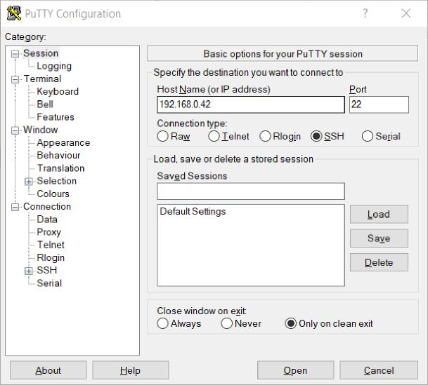 This screenshot shows the PuTTY configuration. The Host Name (or IP address) is 192.168.0.42 and the port is 22. The connection type is SSH. The 'Close window on exit' option is set to 'Only on clean exit.'