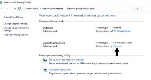 This screenshot shows the Network and Sharing Center in Windows. An arrow points to 'Connections: Ethernet.'