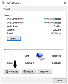 This screenshot shows the Ethernet status in Windows. An arrow points to the properties button at the bottom left-hand corner.