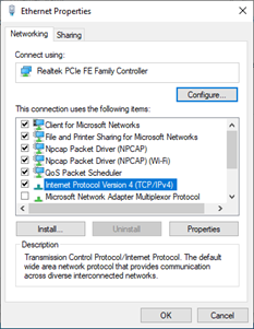 This screenshot shows the Ethernet properties in Windows. A list of items is on the screen with the title, 'This connection uses the following items:' The Internet Protocol Version 4 (TCP/IPv4) item in the list is highlighted.
