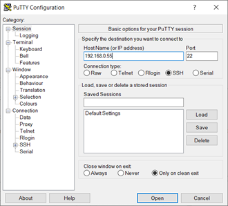This screenshot shows the PuTTY configuration. The Host Name (or IP address) is 192.168.0.55 and the port is 22. The connection type is SSH. The 'Close window on exit' option is set to 'Only on clean exit.'