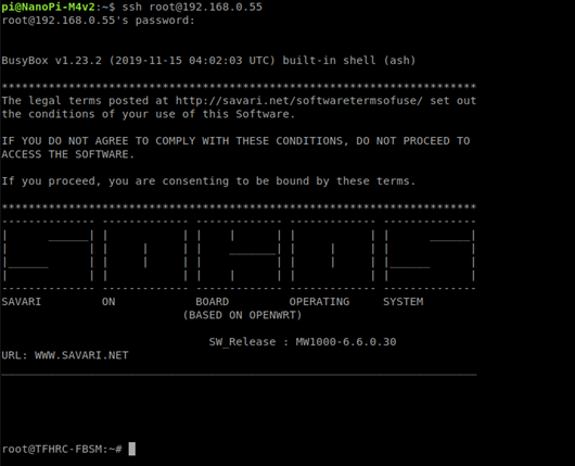 This screenshot demonstrates an example of the onboard unit SSH login output.