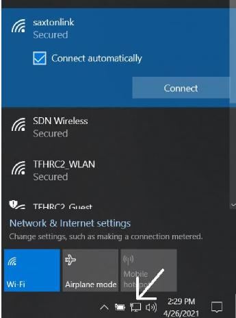 A screenshot shows how to access network connections on a Windows computer. An arrow points to the icon that opens the menu that is shown in the screenshot.