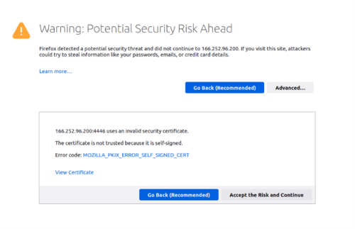 This screenshot warns of a potential security risk. A user has the option to go back or accept the risk and continue ahead.