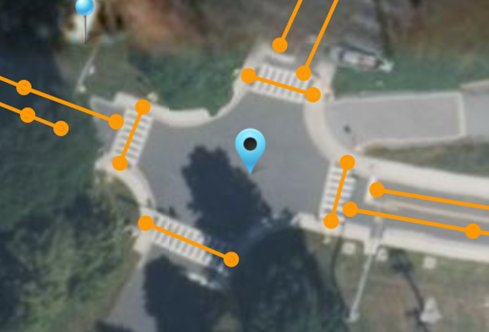 This screenshot demonstrates crosswalks drawn in the Intersection Situation Data (ISD) Message Creation Tool. Line segments represent the crosswalk locations on the map.