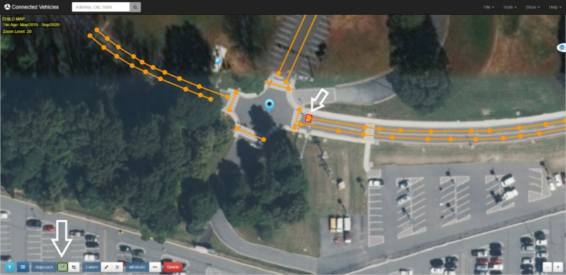 This screenshot demonstrates the Draw Approaches tool in the Intersection Situation Data (ISD) Message Creation Tool. An arrow points to the tool which appears at the bottom left-hand corner of the screen and is the third tool from the left. Another arrow points to where an approach is drawn on the map.