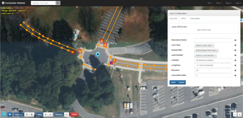 This screenshot demonstrates lane configuration in the Intersection Situation Data (ISD) Message Creation Tool. A window titled 'Lane Configuration' is open on the screenshot. It has the options: Descriptive Name, Lane Type, Shared With, Lane Number, Latitude, Longitude, Elevation, Lane Width Delta.
