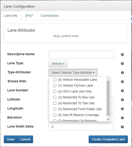 This screenshot shows the Lane Configuration window in the Intersection Situation Data (ISD) Message Creation Tool. The Type Attributes option menu is expanded and demonstrates some of the options.