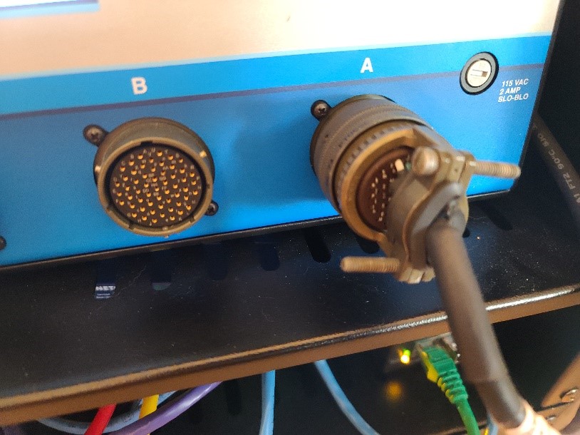 This photo shows the traffic signal (TS) 2 connector for traffic signal heads. A traffic signal head is plugged into the “A” port of the traffic signal controller.