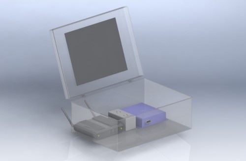 This illustration shows an isometric view of the complete CAVe-in-a-box mobile kit with the lid open.
