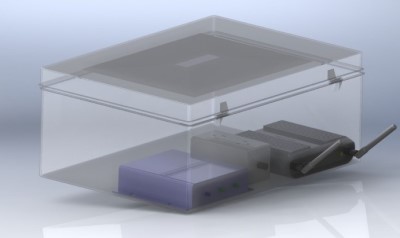 This illustration shows a SolidWorks isometric view of the completed CAVe-in-a-box mobile kit with the lid closed.