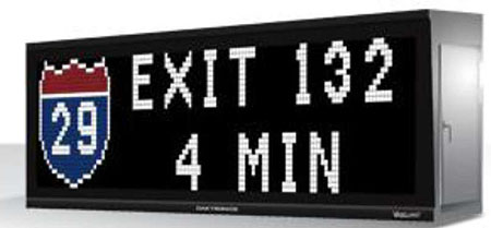 This is an image of a full color dynamic message board. The message on the sign reads: Exit 132 4 min. Next to it on the left is a red, white, and blue route symbol for Rt. 29.