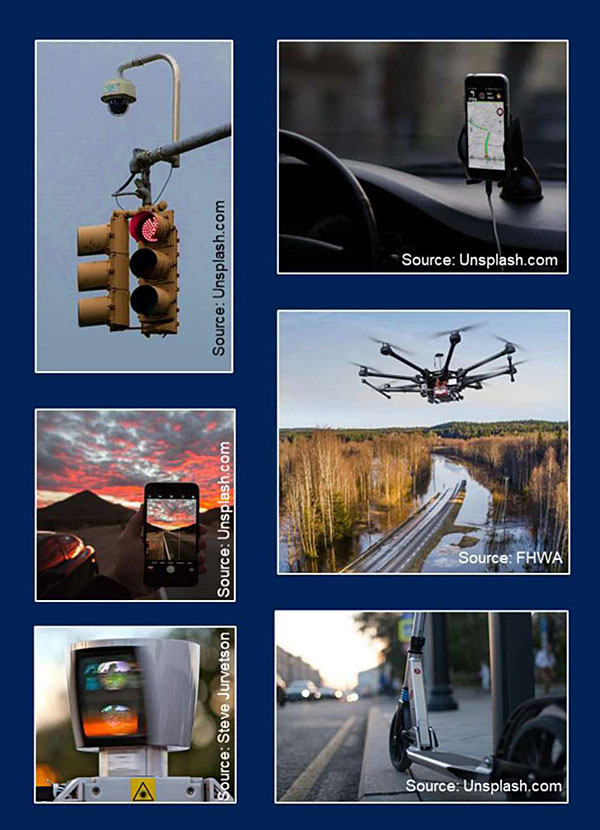 Slide image contains a series of 6 stock photos of example imagery including traffic light with CCTV camera, a smartphone showing a roadway at dusk, a CCTV camera system, a smartphone on the dash of a car showing a map, a UAV flying over a flooded roadway, and a scooter on the side of a roadway.