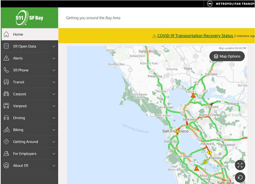 This a sample web site screenshot of San Francisco Bay Area 511. On the right of the image is a map of the San Francisco Bay Area. On this map, all major highways are color coded red, green and yellow to indicate the status of traffic flow. To the left of the map are side boxes that provide additional traffic information to viewers such as 511 Open Data, Alerts, 511 Phone, Transit, Carpool, and other related options. The top box contains major announcements, in this example a COVID-19 Transportation Recovery Status announcement. This figure is for general illustrative purposes only, as an example of travel and parking information services on the web. This is simply a screenshot, with no intent to go over in further detail.