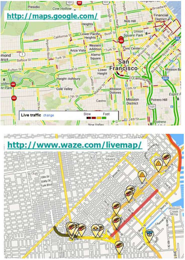 There are two example screenshot images. The first screenshot image shows a map of the San Francisco area from http://maps.google.com with streets and live traffic information. This figure is for general illustrative purposes only, as an example of travel and parking information services on the web. The second example screenshot image shows a map of the San Francisco area from http://www.waze.com/livemap with streets and live traffic information. This figure is for general illustrative purposes only, as an example of travel and parking information services on the web. These are simply screenshots, with no intent to go into further detail.