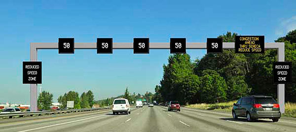 The photo shows a few cars traveling down a straight highway road and underneath overhead variable speed limit signs. There is one black speed limit sign per lane, each with "50" displayed in white.