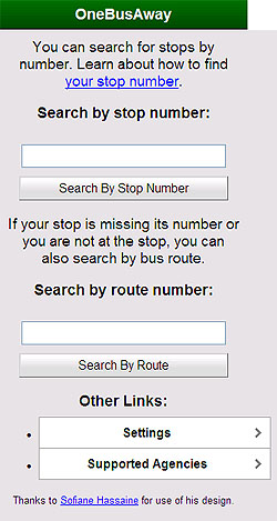 Figure 15. OneBusAway Mobile Website. This graphic is from the OneBusAway mobile website. The header reads OneBusAway, with a text box underneath with search boxes by stop number and by route number. Other links to Settings and Support Agencies appear at the bottom.