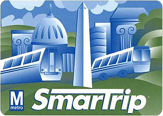 This is an image of the SmarTrip smart card for the Washington DC Metro. This is a rectangular card with blue monochromatic images of the Washington Monument, Capitol building, metro car on the right, a bus on the left, and columns in the background. The DC images are set on an illustration of green hills with blue sky. SmarTrip is written in white on the bottom of the cards next to the Washington Metro logo.
