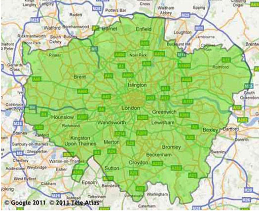 This is a map of the Low Emission Zone in London, England. Please see the Extended Text Description below.