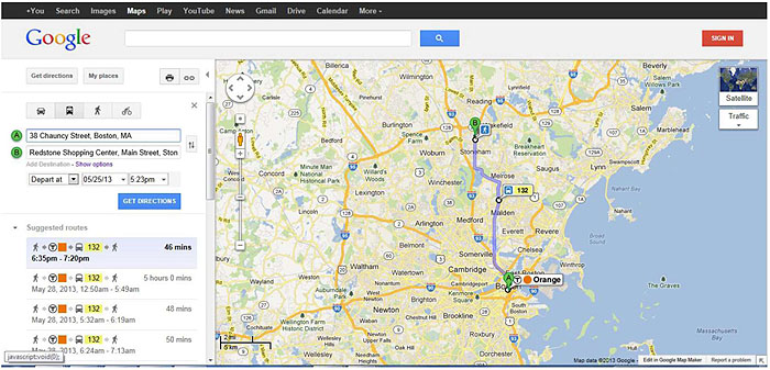 This is a sample screen shot from Google Transit and has the Google navigation menu, Google logo, search box and sign in button at the top. Please see the Extended Text Description below.