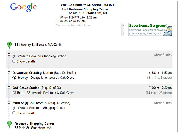 This slide is a sample screen shot of a Google directions search. Please see the Extended Text Description below.