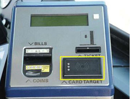 This is a front view of the automated farebox. At the top of the farebox is a green and black digital display. On the lower left is a slot to insert bills and coins. On the right is the slot to insert a ticket just above a rectangular card target sensor.