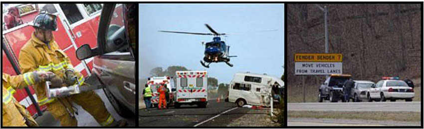 Example photos of emergency workers and emergency vehicles including firefighters, ambulance, helicopter, police vehicles, etc.