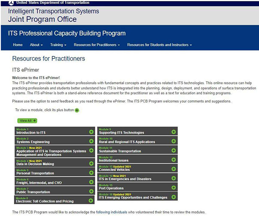 Screenshot of the ITS ePrimer homepage listing the fourteen ePrimer modules: Introduction to ITS; Systems Engineering; Transportation Management Systems; Traffic Operations; Personal Transportation; Freight, Intermodal, and CVO; Public Transportation; Electronic Toll Collection and Pricing; Supporting ITS Technologies; Rural and Regional ITS Applications; Sustainable Transportation; Institutional Issues; Connected Vehicles; and Emerging Issues.