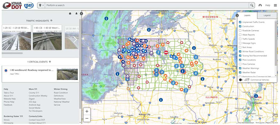 Screenshot example photo of sample 511 website from Iowa DOT, showing traffic highlights on the left with miniature roadway camera views above a section of the screen about critical events and a variety of options and links; to the right is a map showing Iowa roadways with numerous markers throughout the state indicating events or layers including traffic events, construction, winter road conditions, towing not recommended, plow locations, weather warnings, weather, etc., along with a control panel in the interface to toggle various layers on or off for the map.