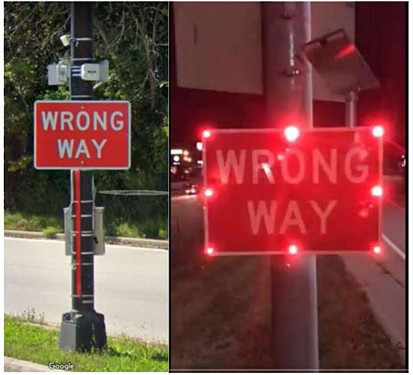 Photo of Wrong Way driving system on roadside during day and evening with signage and red lighting.