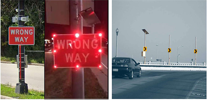 Photos - the first on the left  is of Wrong Way driving system on roadside during day and evening with signage and red lighting. On the right is of curve warning system on roadside with car coming around a bend, three dynamic chevrons are visible.