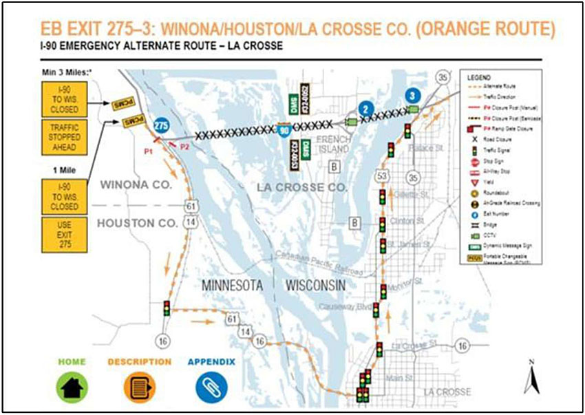 Screenshot example photo of alternate or detour route plan from Wisconsin DOT, showing EB Exit 275-3: Winona Houston La Crosse Co (Orange Route) I-90 emergency alternate route labeled with sections of roads closed and routed to alternate roadways. A legend indicates which parts are alternate routes, road closures, traffic signals, etc. For example only.