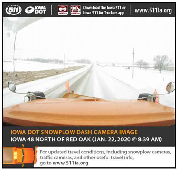Still shot image and overlay of Iowa DOT snowplow dash camera on Iowa 48 North of Red Oak on Jan 22, 2020. Logos at the top of the overlay show the 511 logo, Iowa DOT logo, and a message to download the Iowa 511 or Iowa 511 for Truckers app, with a link to www.511ia.org. At the bottom of the overlay is the text, For updated travel conditions, including snowplow cameras, traffic cameras, and other useful travel info, go to www.511ia.org