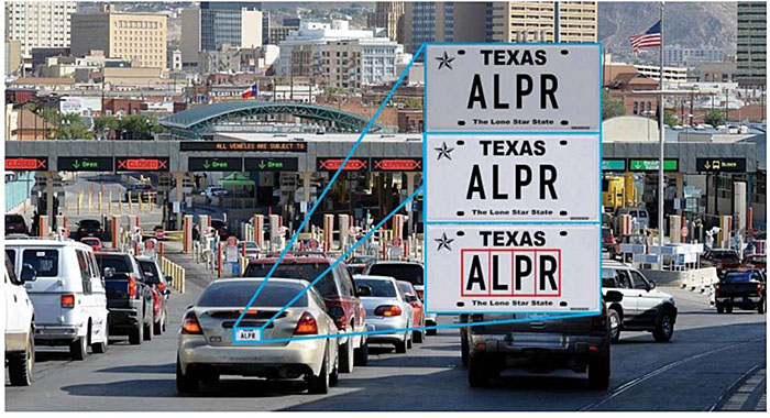Photo with overlay of license plate reader data reduction process illustration depicting a busy roadway with many vehicles and a license plate from a vehicle is overlaid on the photo zoomed in and shown in three stages as it is processed and the license plate number is recognized and highlighted from off the license plate.