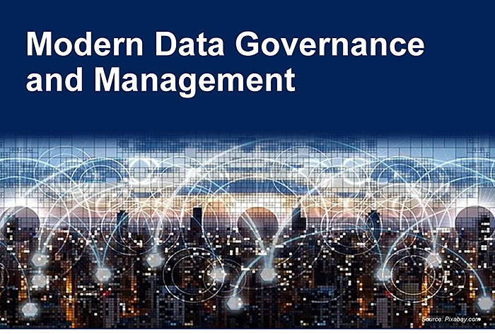 Slide graphic image with the text: Modern Data Governance and Management. The background image shows a stock image of a busy cityscape with a superimposed layer of interconnected lines, dots and a grid.