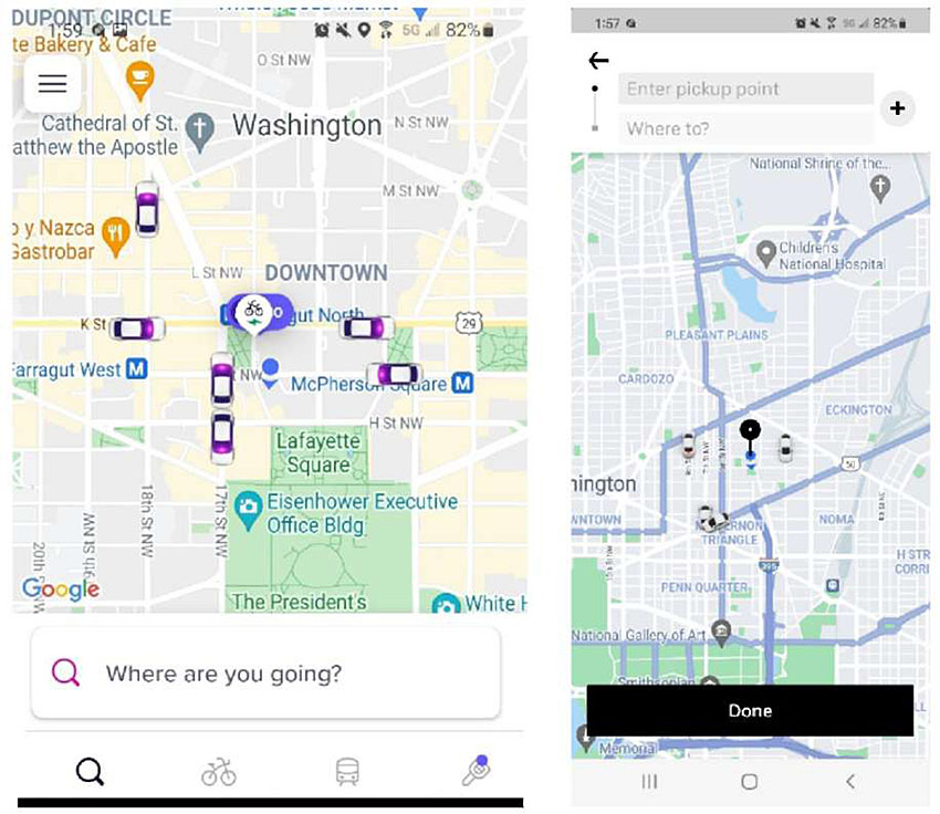 Example screenshots from smartphone applications for TNCs (Transportation Network Companies). The example on the left shows a map of downtown DC near Lafayette Square with various icons of cars and a search box with the text “Where are you going?” The second example is similar showing part of downtown DC with similar icons and the option to fill in the “Enter pickup point” at the top.