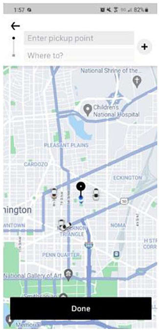 Example screenshot from smartphone application for TNCs (Transportation Network Companies). The example shows a map of downtown DC with various icons of cars and a search box with the text “Enter pickup point” at the top.