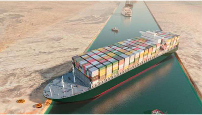 Stock image of the large cargo ship Ever Given stuck in the Suez Canal